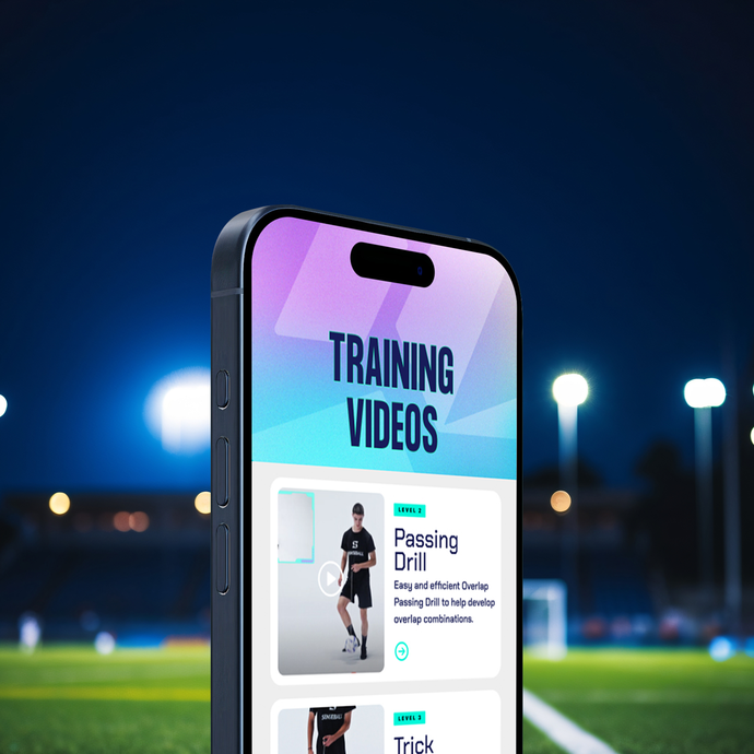 mockup of the senseball mobile app training program in a phone on a football practice field